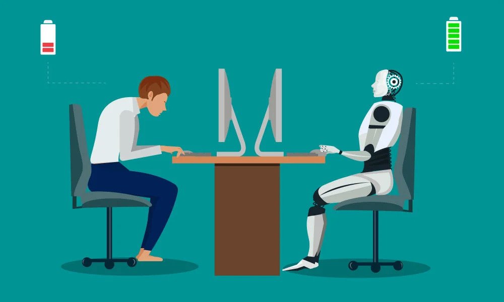future of artificial intelligence: a man working alongside with a robot at a workplace setting 