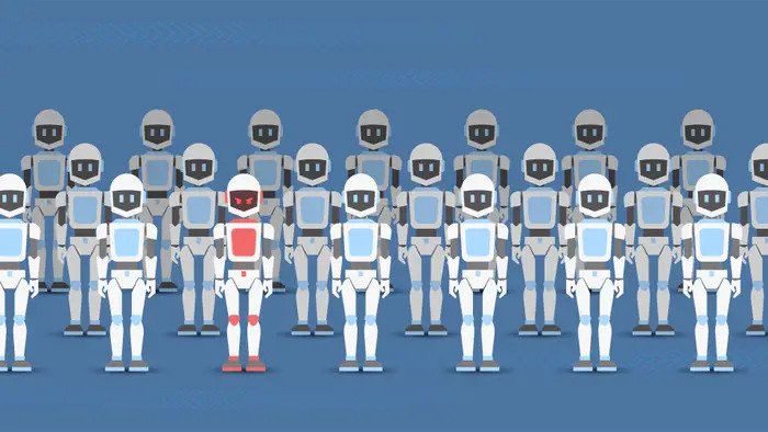 Robots standing in a line, like the next frontier of the future of artificial intelligence 