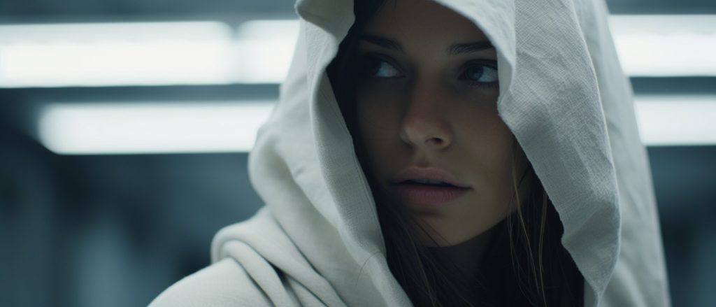 Midjourney cinematic prompts: a filmstill of a woman in white hooded 